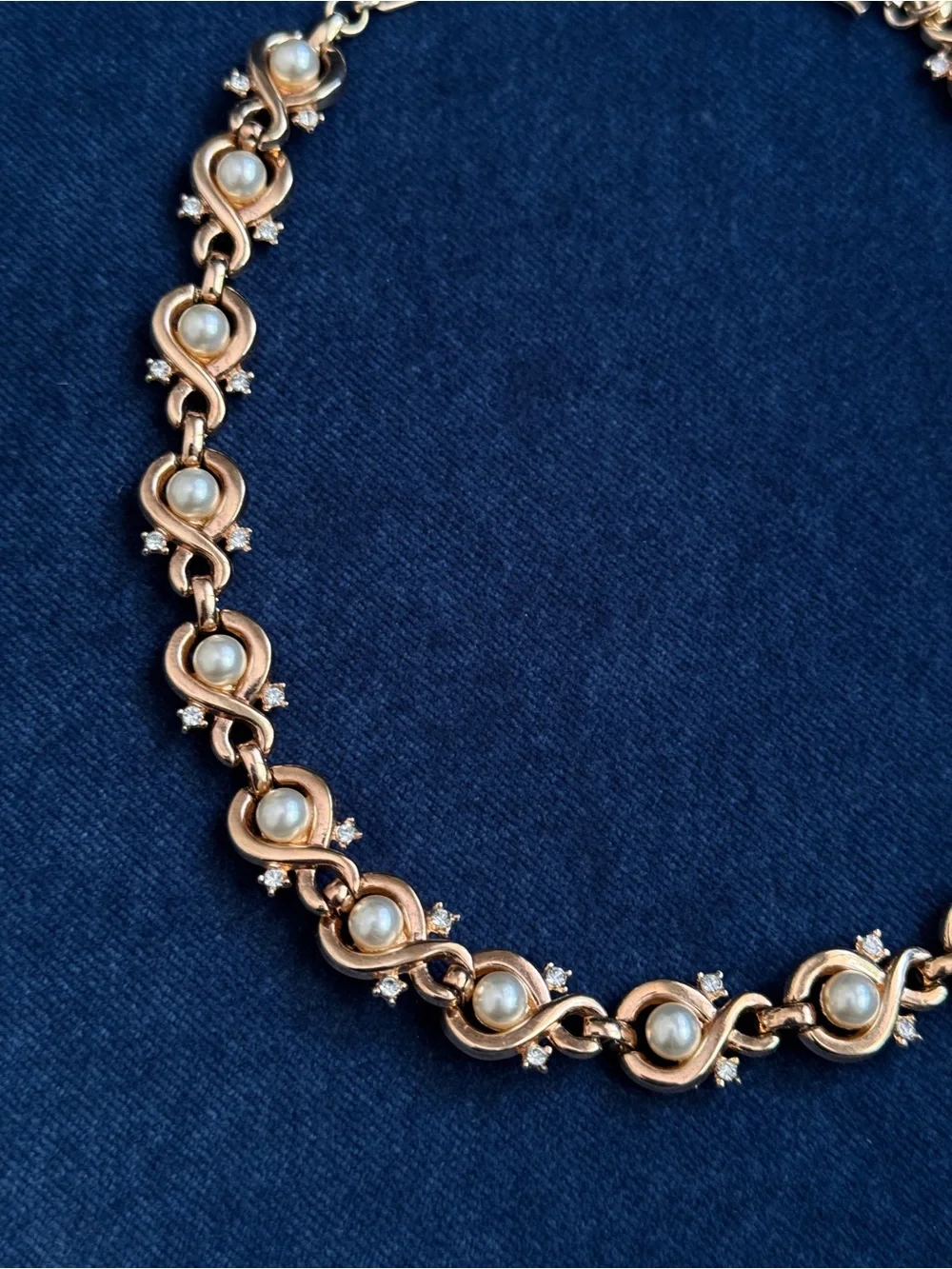 Vintage Trifari Pat Pend Gold Tone Faux Pearls Rhinestones Necklace